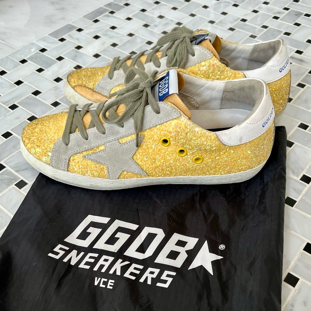 Golden Goose Yellow Superstar Glitter Coated Leather Sneakers 38